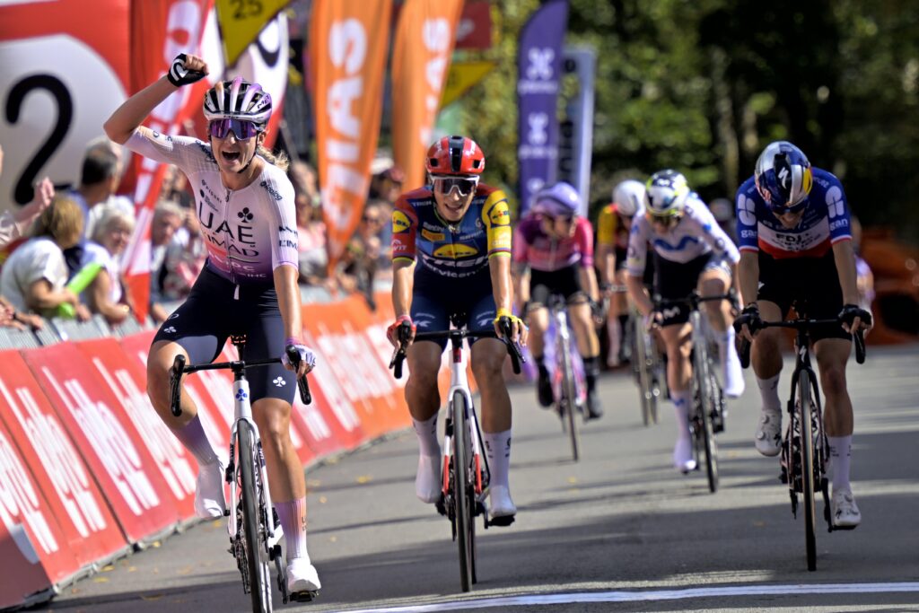 CITADELLE DE NAMUR, BELGIUM - SEPTEMBER 16 :  Swinkels Karlijn (NED) of UAE Team ADQ wins the sprint, second place for Balsamo Elisa (ITA) of Lidl - Trek, third place for Gery Celia (FRA) of FDJ United - SUEZ during the 66th edition of Grand Prix de Wallonie an UCI ProSeries 1.Pro one day cycling road race for Women Elite of 127,3 km with start in Seraing and finish in Citadelle de Namur on September 16, 2026 in Citadelle de Namur, Belgium, 16/09/2026 ( Motordriver Pieter Van Herzeele - Photo by Sebastien Smets / Photonews