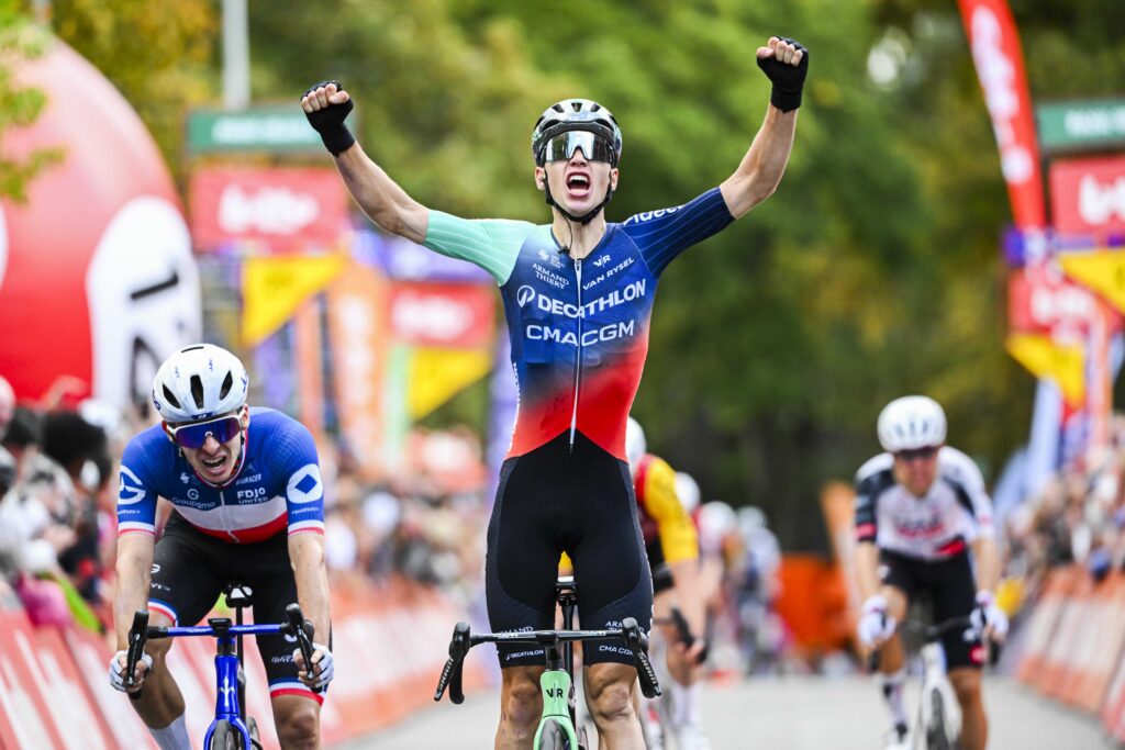 CITADELLE DE NAMUR, BELGIUM - SEPTEMBER 16 : Sparfel Aubin of Team Decathlon CMA CGM celebrating his victory during the 66th edition of Grand Prix de Wallonie an UCI ProSeries 1.Pro one day cycling road race for Men Elite of 196.8 km with start in Seraing and finish in Citadelle de Namur on September 16, 2026 in Citadelle de Namur, Belgium, 16/09/2026 ( Motordriver Kenny Verfaillie - Photo by Vincent Kalut / Photonews